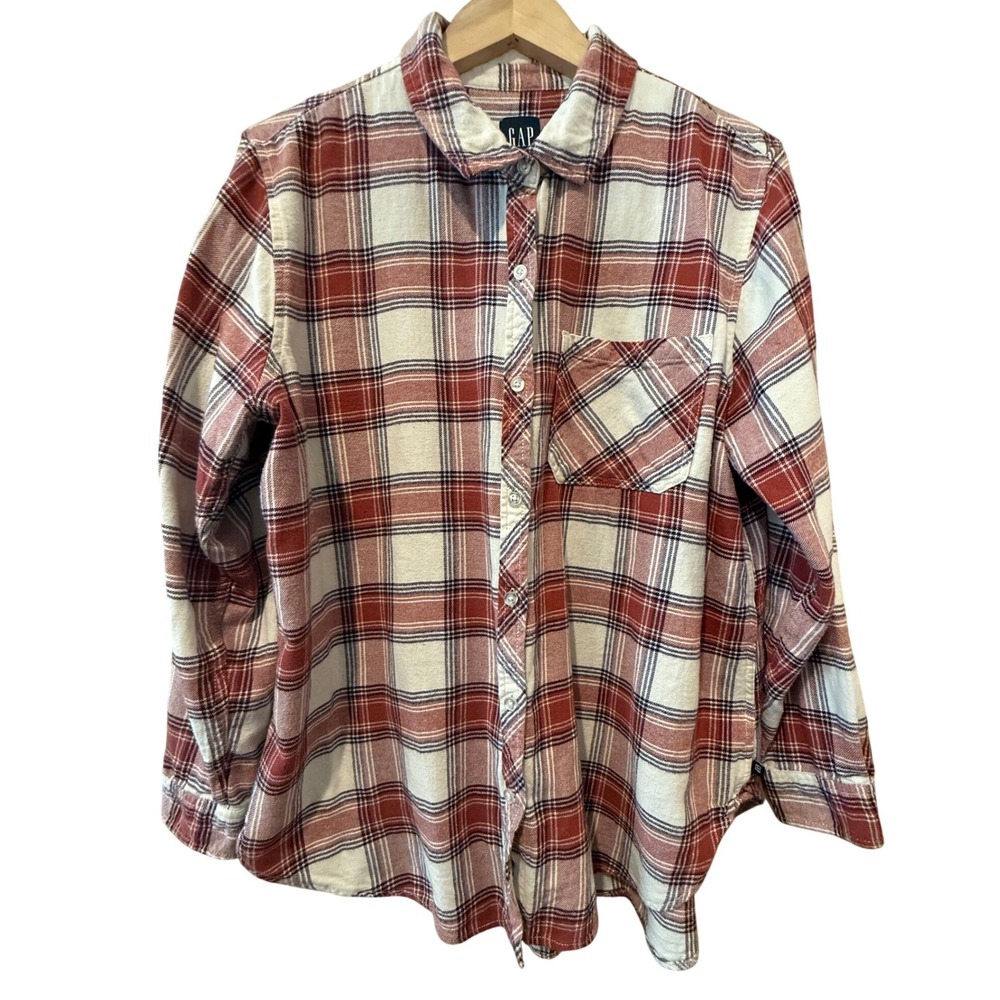 GAP Womens XL Cream Brown Plaid Flannel Button Up Shirt GP000586